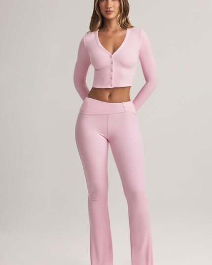 Pastel Pink Modal Foldover Mid-Rise Flared Trousers