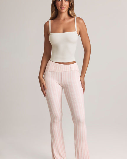 Stripe Print Modal Foldover Mid-Rise Flared Trousers