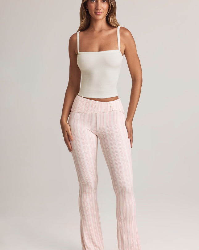 Stripe Print Modal Foldover Mid-Rise Flared Trousers