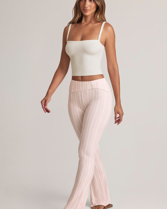 Stripe Print Modal Foldover Mid-Rise Flared Trousers