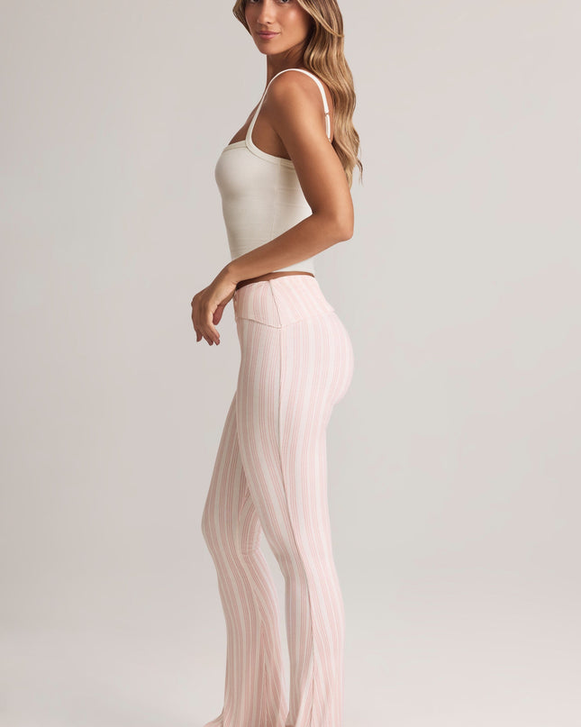 Stripe Print Modal Foldover Mid-Rise Flared Trousers