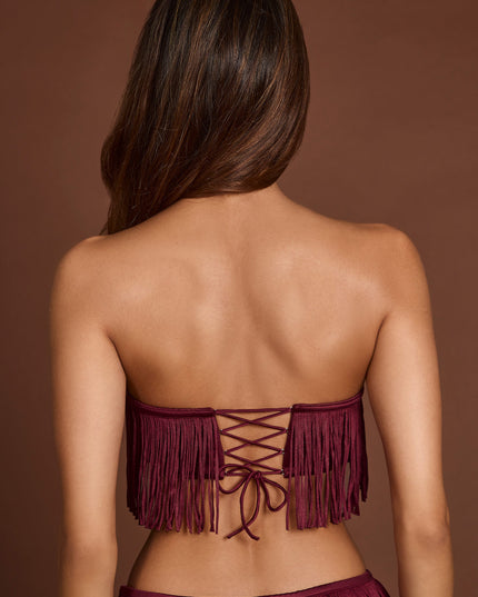 Wine Red Fringed Bandeau Lace-up Crop Top