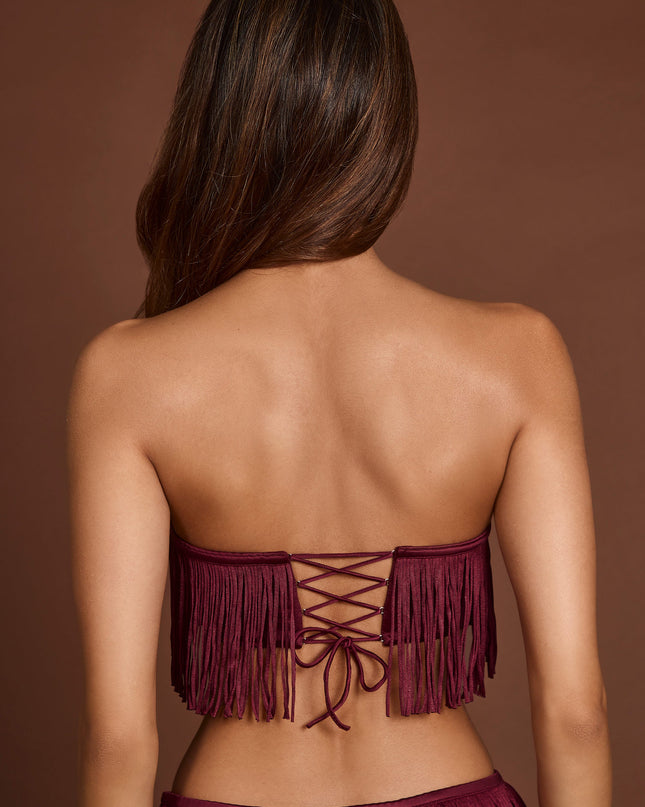 Wine Red Fringed Bandeau Lace-up Crop Top