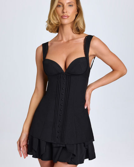 Black Ruffle-Trim Button-Detail Corset Mini Dress