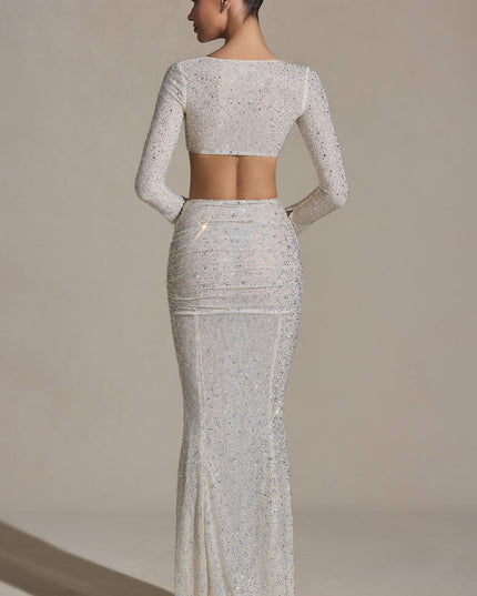 White Embellished Ruched Maxi Skirt