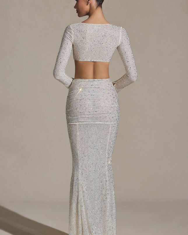 White Embellished Ruched Maxi Skirt