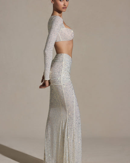 White Embellished Ruched Maxi Skirt