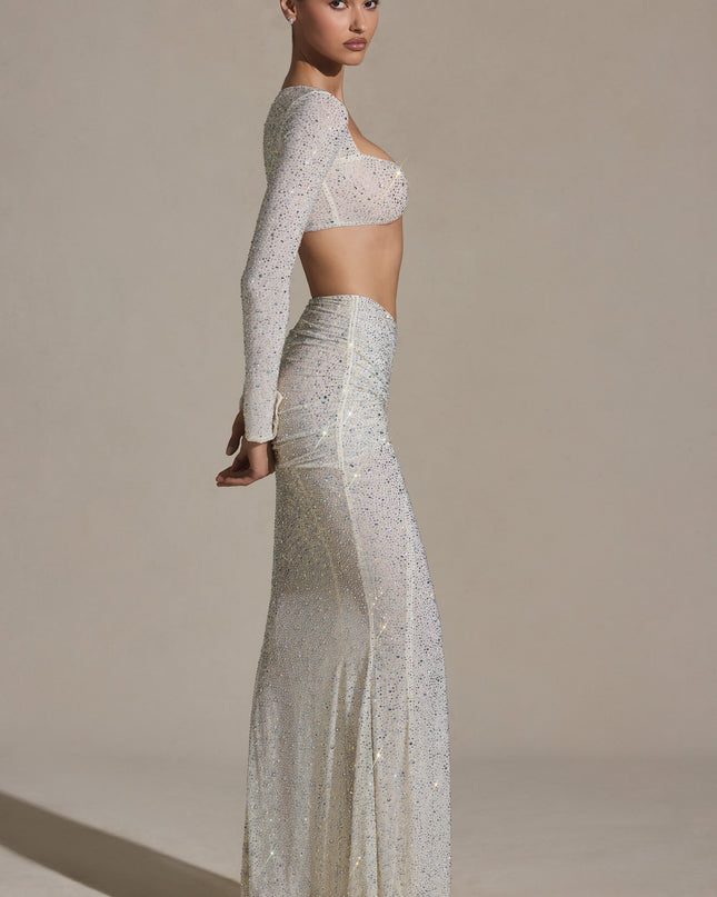 White Embellished Ruched Maxi Skirt