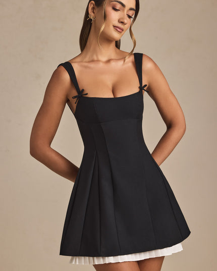 Black Bow-Detail Pleated A-Line Mini Dress