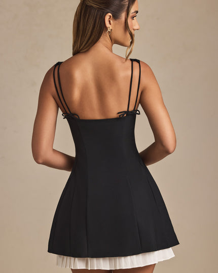Black Bow-Detail Pleated A-Line Mini Dress