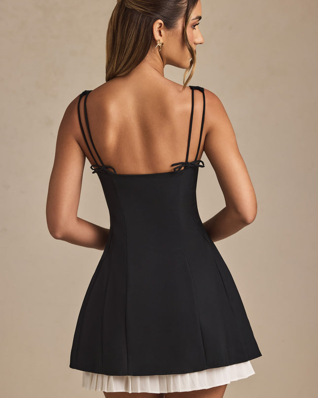 Black Bow-Detail Pleated A-Line Mini Dress