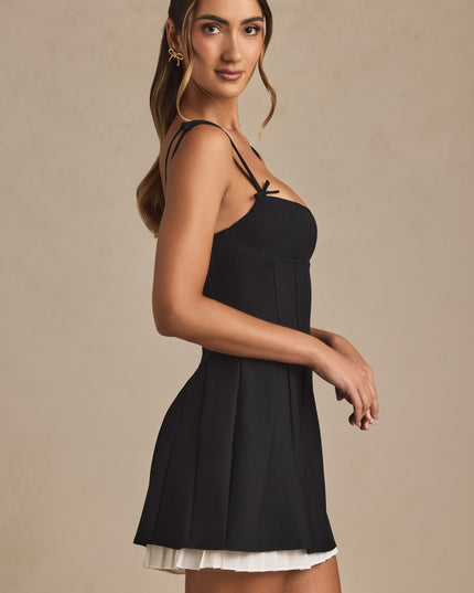 Black Bow-Detail Pleated A-Line Mini Dress