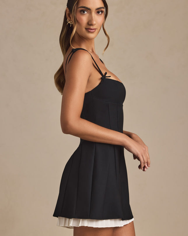 Black Bow-Detail Pleated A-Line Mini Dress