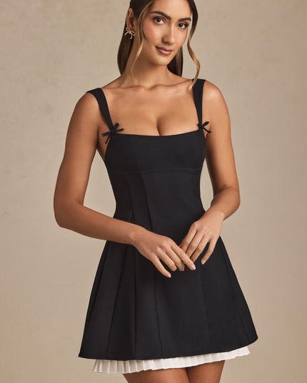 Black Bow-Detail Pleated A-Line Mini Dress
