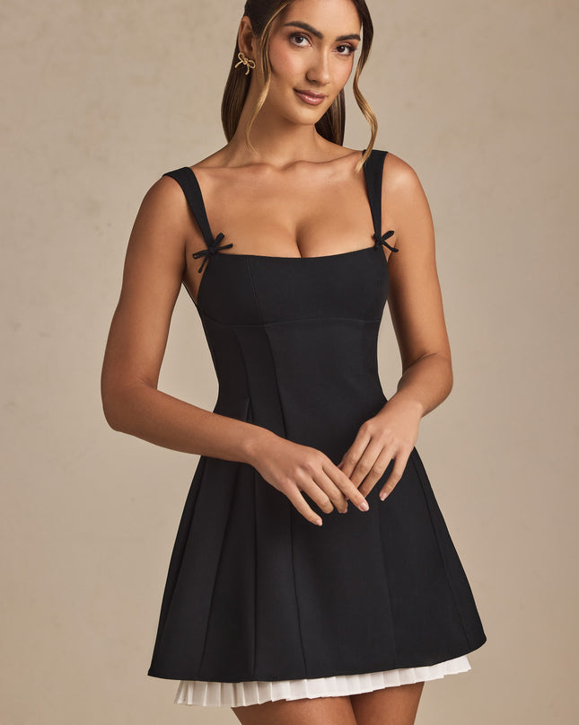 Black Bow-Detail Pleated A-Line Mini Dress
