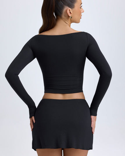 Black Modal Button-Detail Low-Rise Mini Skirt