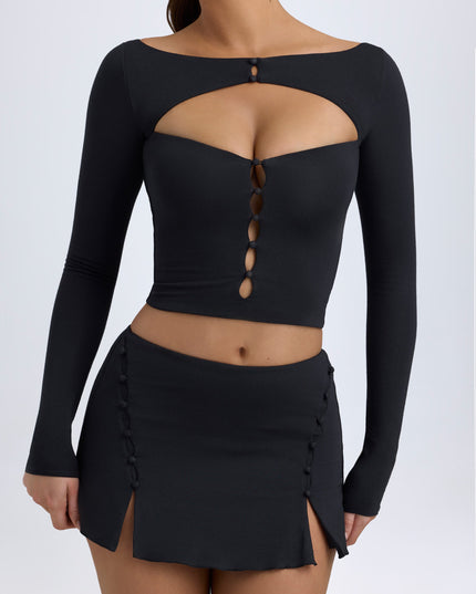 Black Modal Button-Detail Low-Rise Mini Skirt