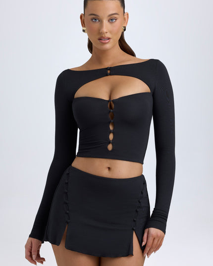Black Modal Button-Detail Low-Rise Mini Skirt