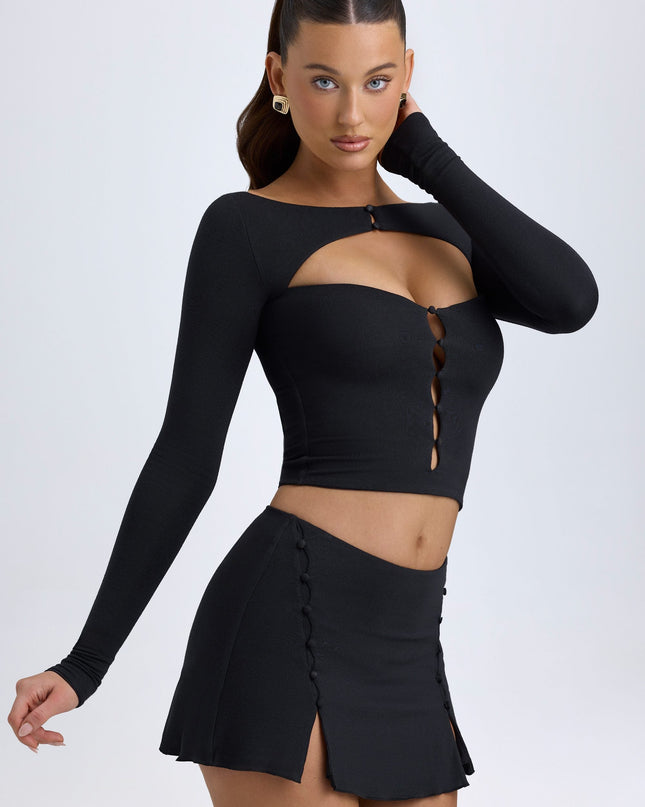 Black Modal Button-Detail Low-Rise Mini Skirt