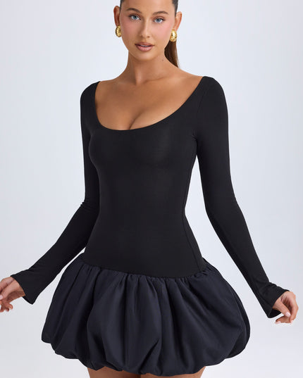 Black Modal Scoop-Neck Drop-Waist Bubble Hem Mini Dress