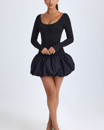 Black Modal Scoop-Neck Drop-Waist Bubble Hem Mini Dress