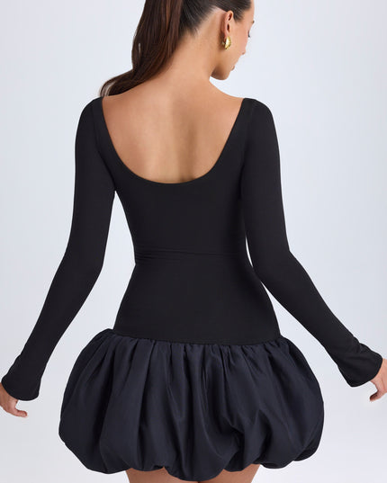 Black Modal Scoop-Neck Drop-Waist Bubble Hem Mini Dress