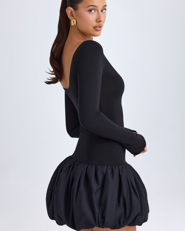 Black Modal Scoop-Neck Drop-Waist Bubble Hem Mini Dress