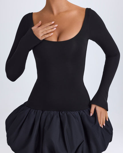 Black Modal Scoop-Neck Drop-Waist Bubble Hem Mini Dress