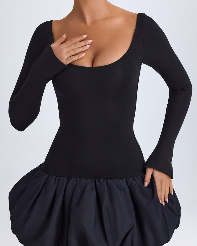 Black Modal Scoop-Neck Drop-Waist Bubble Hem Mini Dress