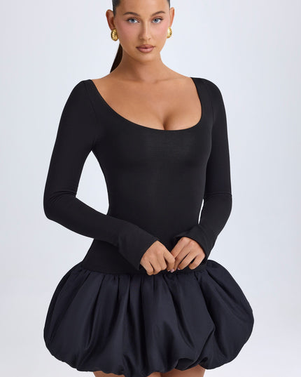 Black Modal Scoop-Neck Drop-Waist Bubble Hem Mini Dress