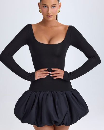 Black Modal Scoop-Neck Drop-Waist Bubble Hem Mini Dress