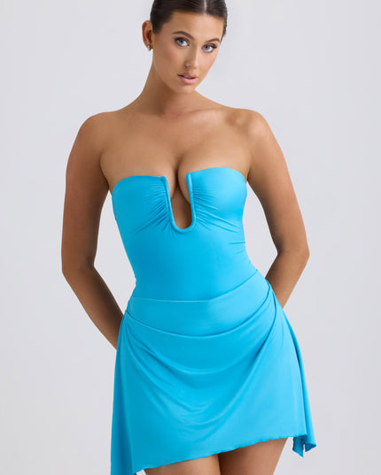 Ocean Blue Slinky Jersey Draped A-Line Mini Dress