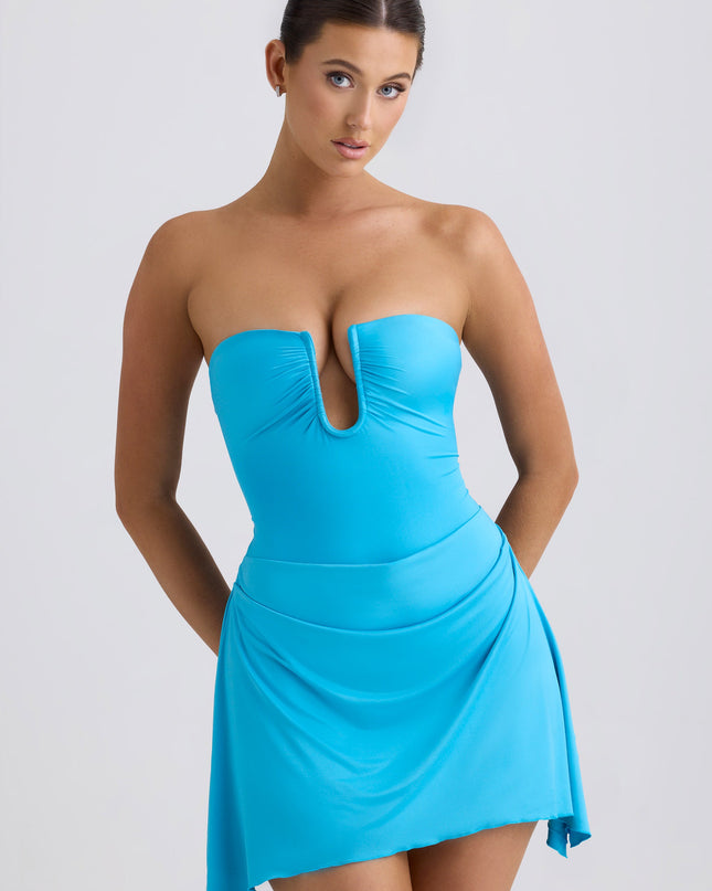 Ocean Blue Slinky Jersey Draped A-Line Mini Dress