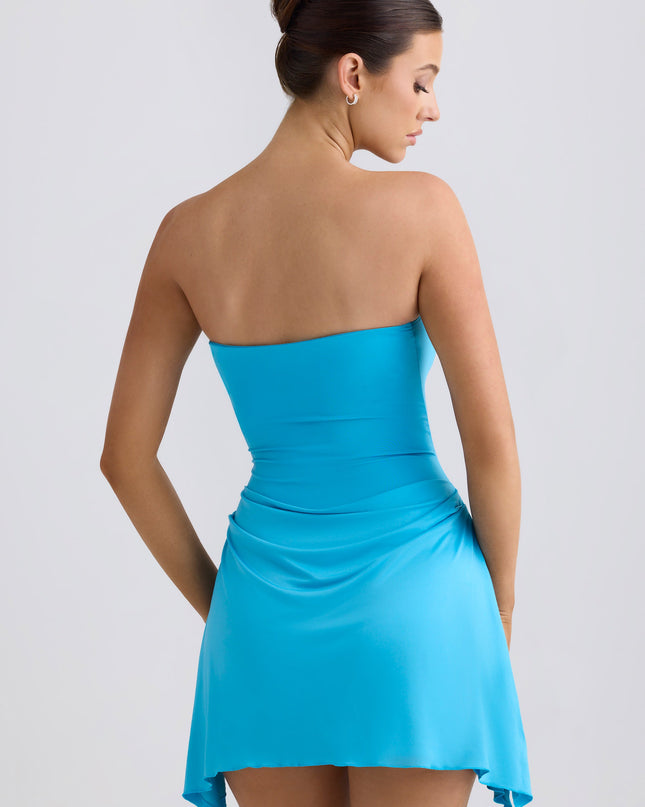 Ocean Blue Slinky Jersey Draped A-Line Mini Dress