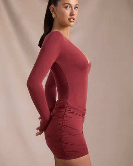 Brick Red Modal-Cashmere Blend Draped Long-Sleeve Mini Dress