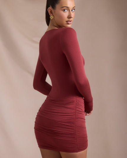 Brick Red Modal-Cashmere Blend Draped Long-Sleeve Mini Dress