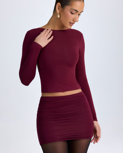 Wine Red Modal High Neck Long Sleeve Open Back Top