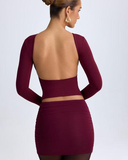 Wine Red Modal High Neck Long Sleeve Open Back Top