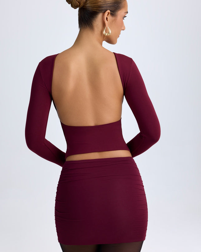 Wine Red Modal High Neck Long Sleeve Open Back Top