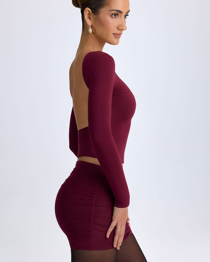 Wine Red Modal High Neck Long Sleeve Open Back Top