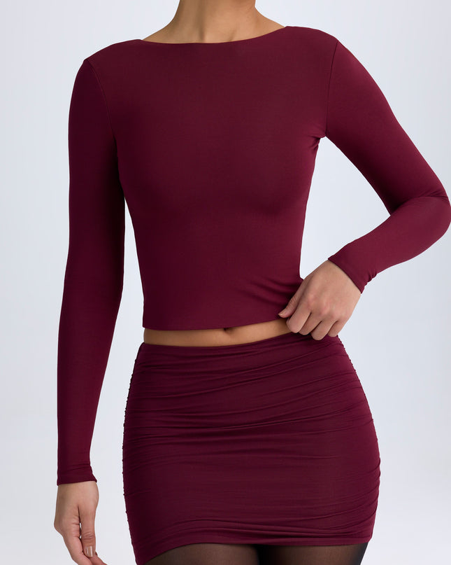 Wine Red Modal High Neck Long Sleeve Open Back Top