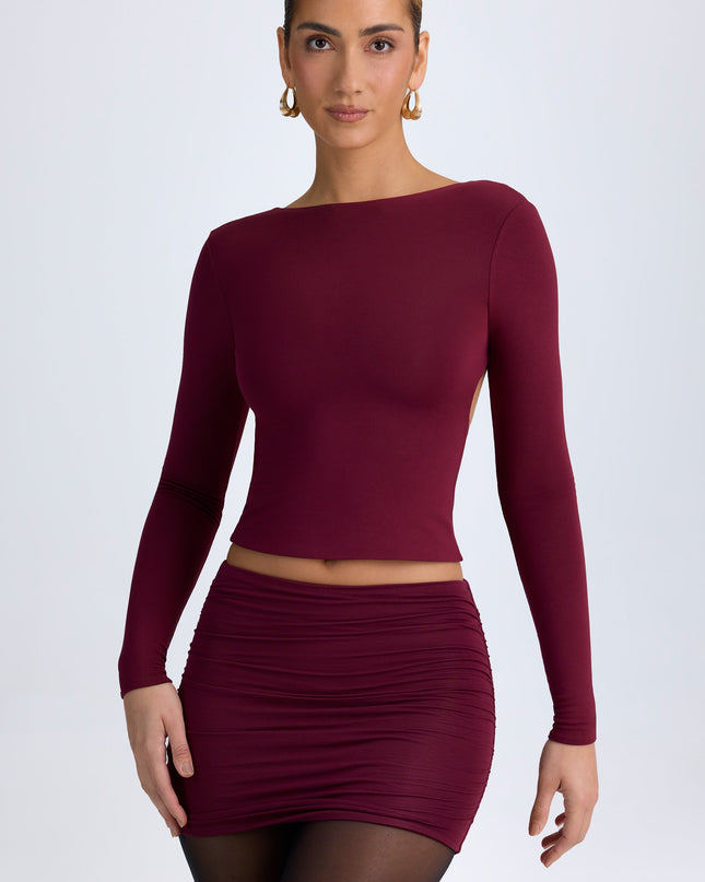 Wine Red Modal High Neck Long Sleeve Open Back Top