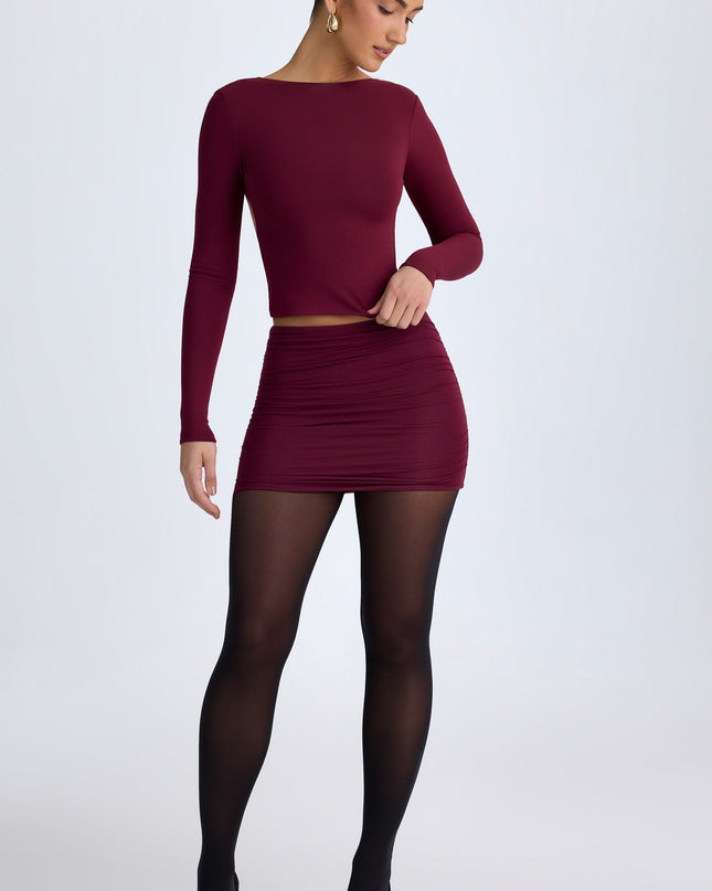 Wine Red Modal High Neck Long Sleeve Open Back Top
