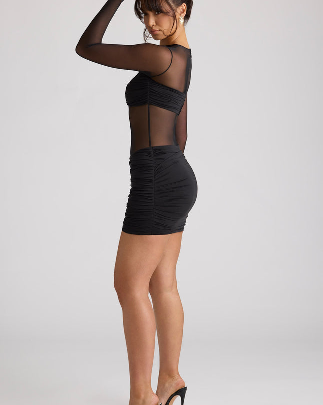 Black Sheer Panelled Long Sleeve Mini Dress