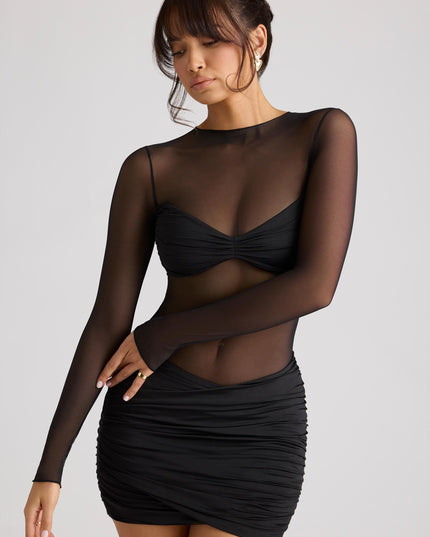 Black Sheer Panelled Long Sleeve Mini Dress