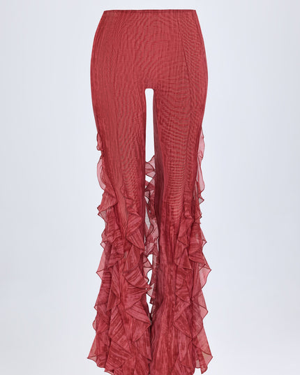 Red Print Ruffled Mid-Rise Flared Trousers
