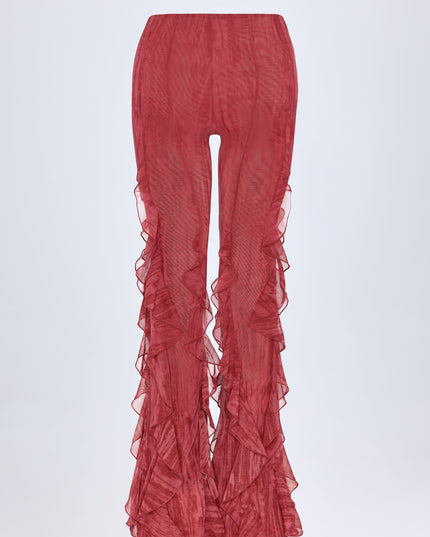 Red Print Ruffled Mid-Rise Flared Trousers