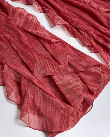 Red Print Ruffled Mid-Rise Flared Trousers