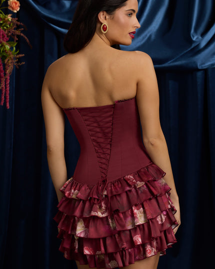 Maroon Floral Print Strapless Ruffled Tiered Corset Mini Dress