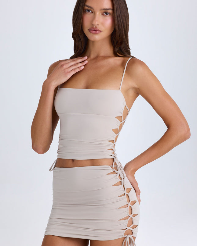 Taupe Ruched Cut-Out Mini Skirt